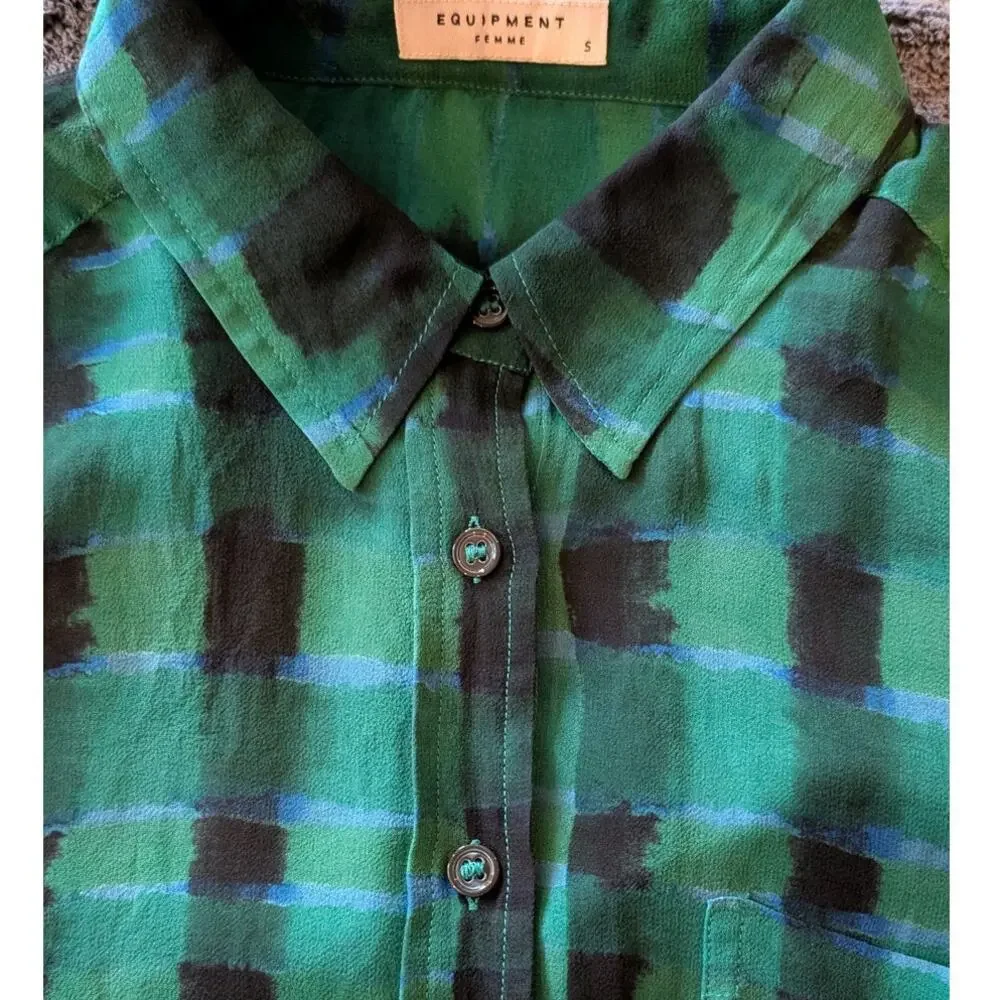 100% Silk Equipment Femme Sheer Green Blue Black Plaid  Blouse | Size S - Picture 8 of 9